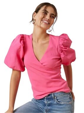 Maeve by Anthropologie Women’s Hot Pink Puff-Sleeve Wrap Top Size Small